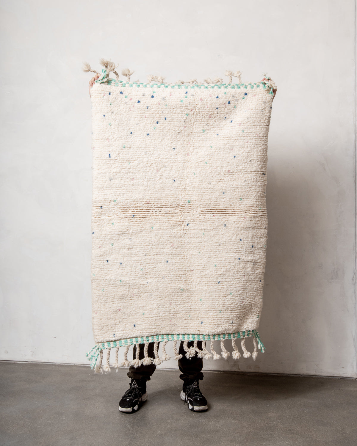 Modern, designer, handcrafted Berber rug from Morocco. Beniourain carpet with beautiful colours and patterns and fluffy wool texture.